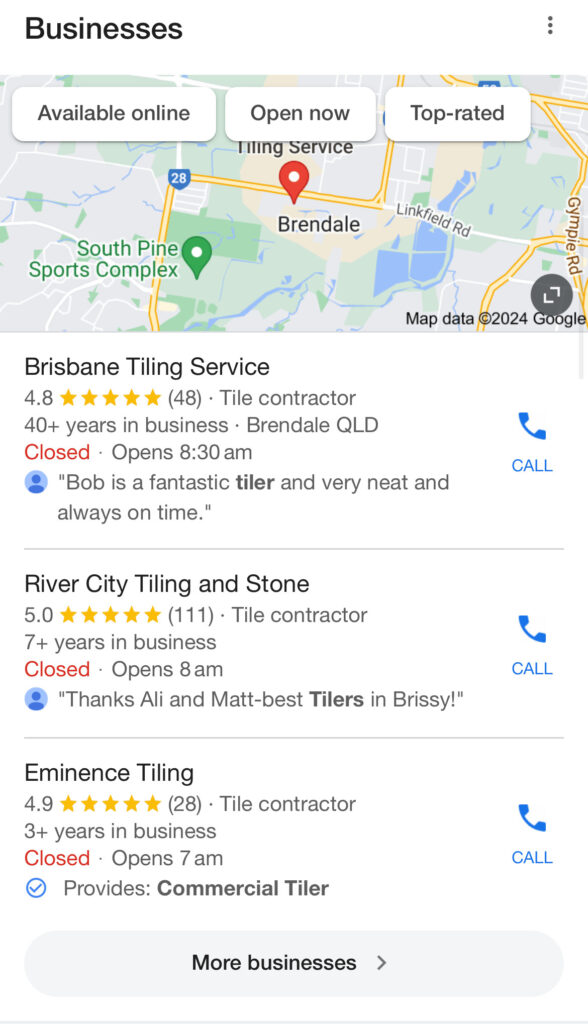 Search results at Google when the words 'tiler Brisbane' are searched for showing the first 3 Google Maps listings.