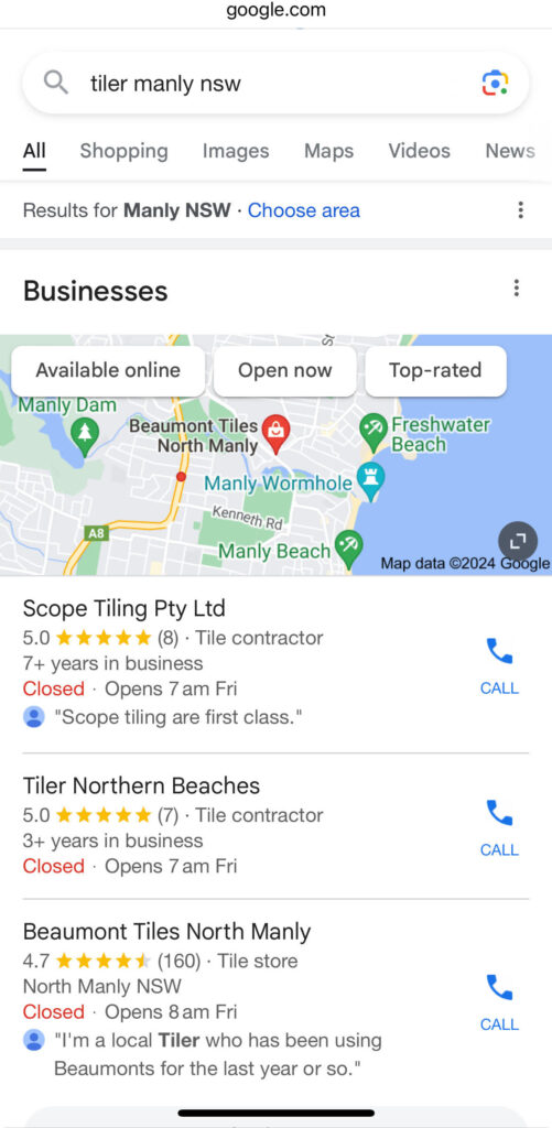Google maps results showing tilers in Manly