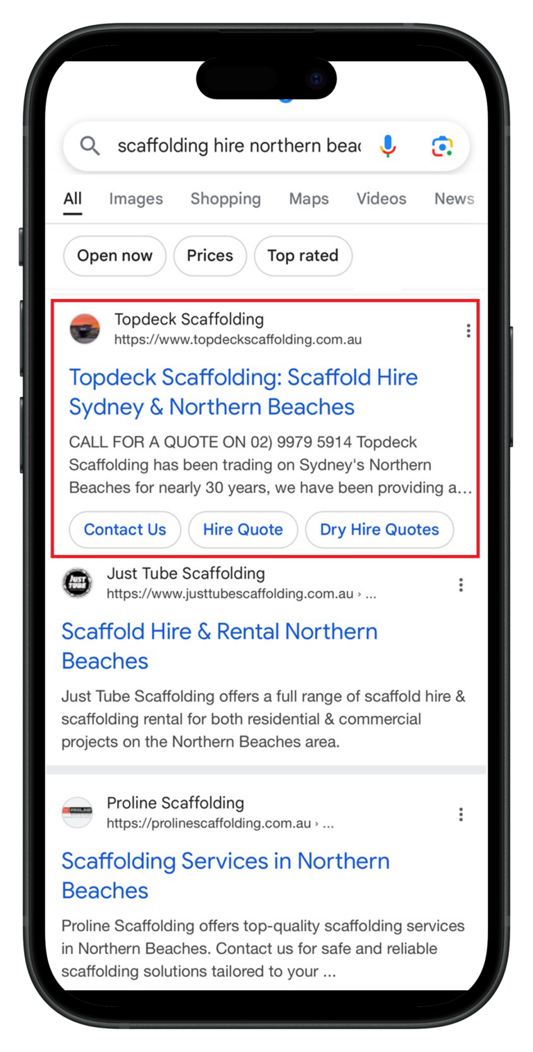 Top Deck Scaffolding number 1 result at Google on the northern beaches.